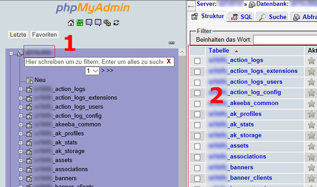 Auswahl der zugehörigen CMS-Datenbank in phpMyAdmin.