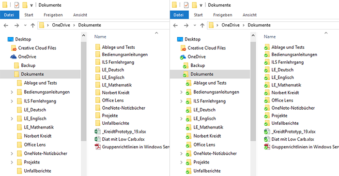Die unterschiedliche Darstellung der Ordner bei einer erfolgreichen Synchronisation zwischen Desktop und OneDrive.