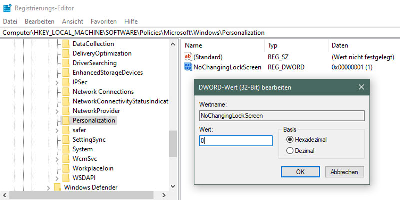 Der Sperrbildschirm lässt sich nicht einstellen. Eine Änderung wird im Registrierungs-Editor vorgenommen.