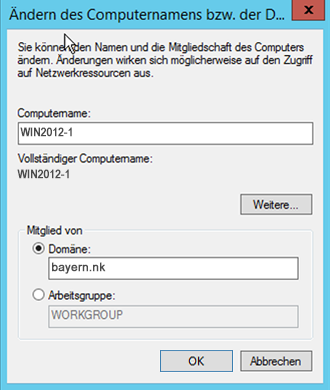 WinServ2012 Aendern des Computernamens bzw. der Domaene und Arbeitsgruppe