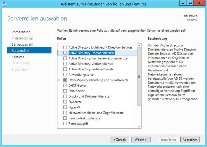 WinServ2012 Assistent zum Hinzufügen von Rollen und Features. Die Seite Serverrollen auswählen.