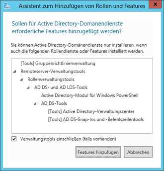 WinServ2012 Assistent zum Hinzufügen von Rollen und Features. Die Hinweisfenster weitere ADD Features hinzufügen.