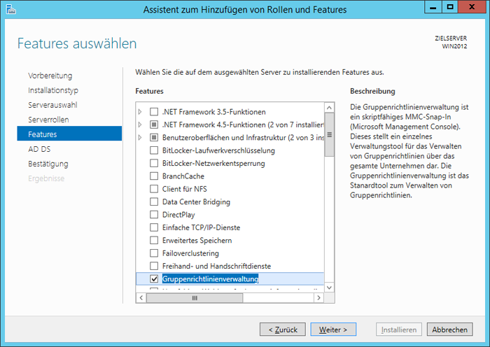 WinServ2012 Assistent zum Hinzufügen von Rollen und Features. Die Seite Features auswählen. 