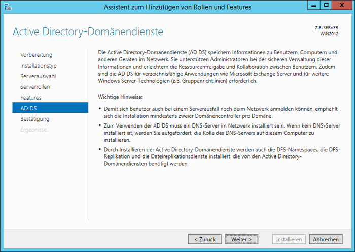 WinServ2012 Assistent zum Hinzufügen von Rollen und Features. Die Seite ADDS