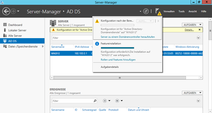 WinServ2012 ServerManager. Der Konfigurations-Assistent für Acrive Directory-Domänendienste. Das Fenster Bereitstellungskonfiguration.