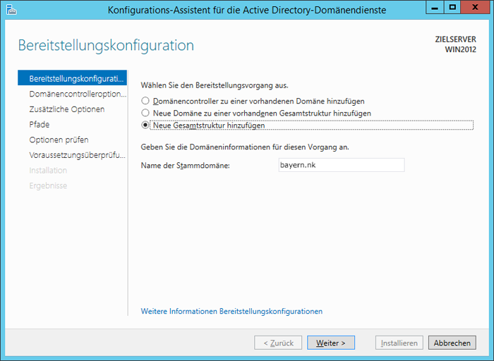 WinServ2012 ServerManager. Der Konfigurations-Assistent für Acrive Directory-Domänendienste. Das Fenster Bereitstellungskonfiguration.