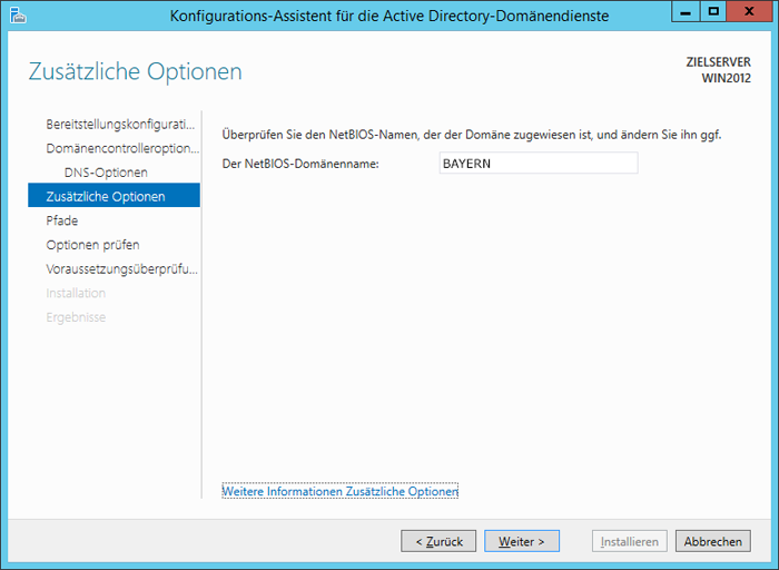 WinServ2012 ServerManager. Der Konfigurations-Assistent für Acrive Directory-Domänendienste. Das Fenster Zusätzliche Optionen.
