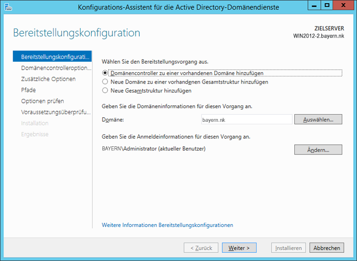 WinServ2012 Konfigurations-Assistent - DC zu einer vorhandenen Domäne hinzufügen