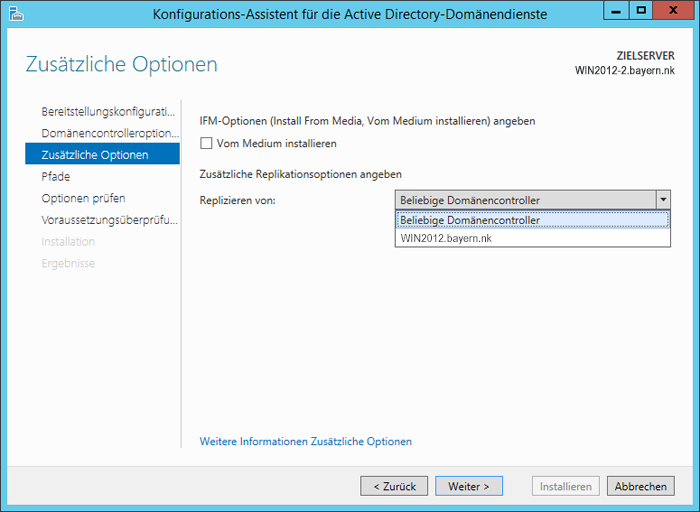 WinServ2012 Konfigurations-Assistent für ADDS - Zusaetzliche Optionen