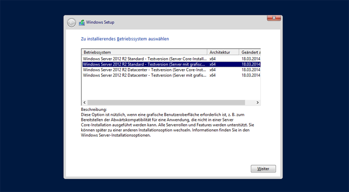 Windows Server 2012 Betriebssystem auswählen