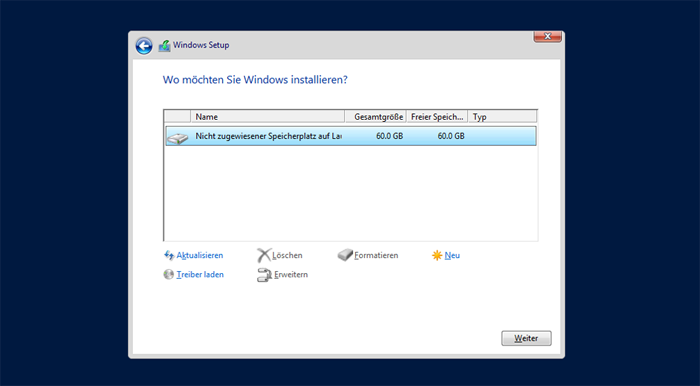 WinServ2012 Festplattenauswahl