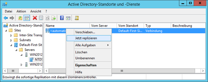 WinServ2012 Active-Directory - Standorte und Dienste - Replikation durchführen