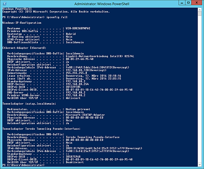 WinServ2012 Administrator Windows PowerShell - Befehl ipconfig all 