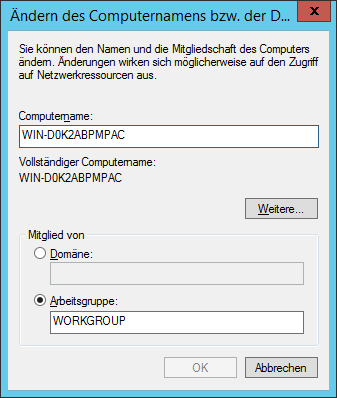 WinServ2012 Ändern des Computernamens, Domain und Arbeitsgruppe