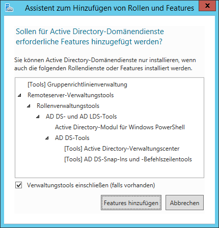 WinServ2012 - Assistent zum Hinzufügen von Rollen und Features Meldung