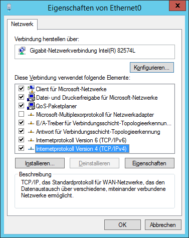 WinServ2012 Eigenschaften von Ethernet Interntprotokoll Version 4 TCPIPv4