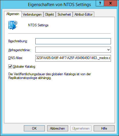 WinServ2012 - Eigenschaften von NTDS Settings Allgemein