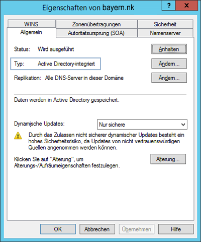 WinServ2012 Eigenschaftsfenster der Stammdomäne. Überprüfung auf Active Directory-integriert