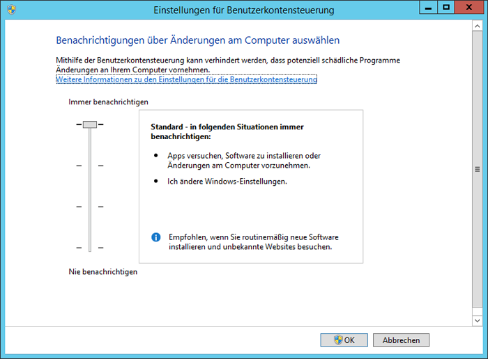 WinServ2012 Einstellung für Benutzerkontensteuerung