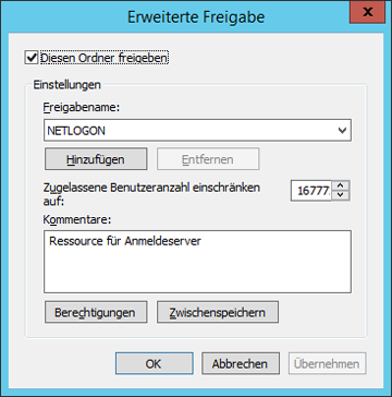 WinServ2012 ErweiterteFreigabe Netlogon