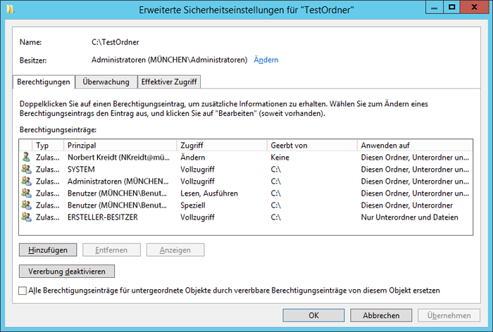 WinServ2012 - Erweiterte Sicherheitseinstellungen für Ordner