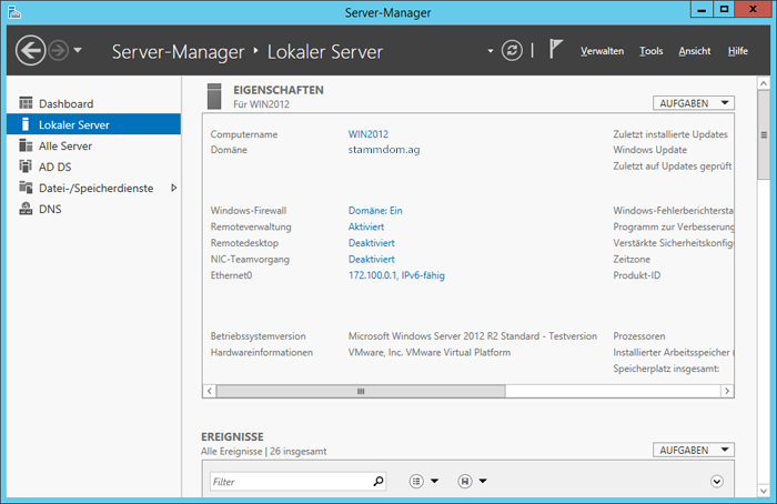 WinServ2012 - Server Manager LokalerServer Domäne