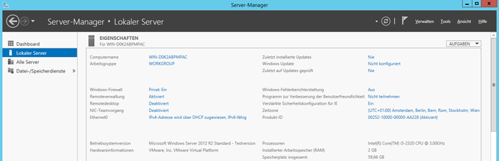 WinServ2012 Server-Manager - Die Eigenschaften des Lokalen Server